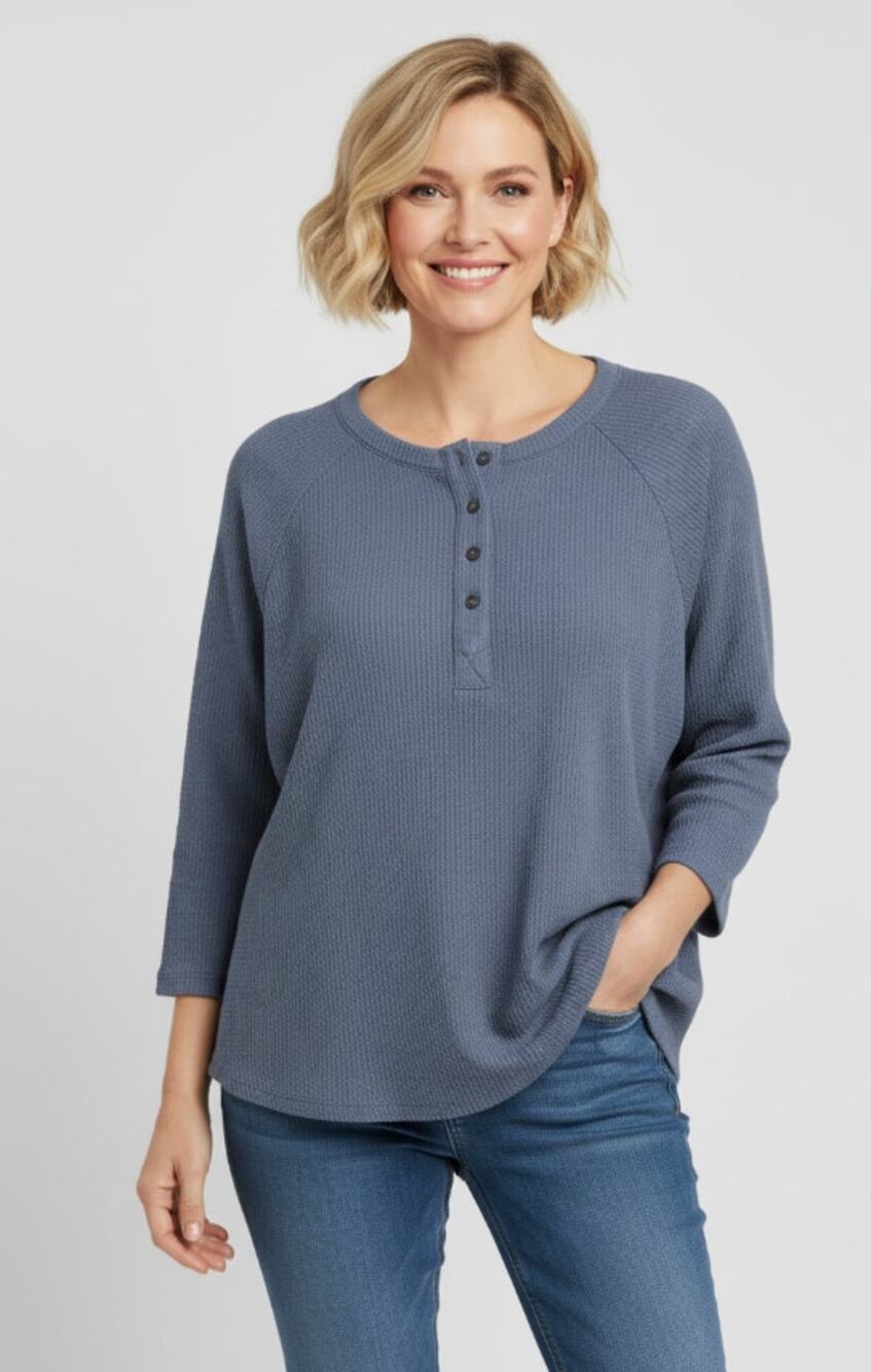 J. JILL WOMENS TOP XLARGE RELAXED CREW NECK WAFFLE KNIT L/S SLEEVE SHIRT BLUE